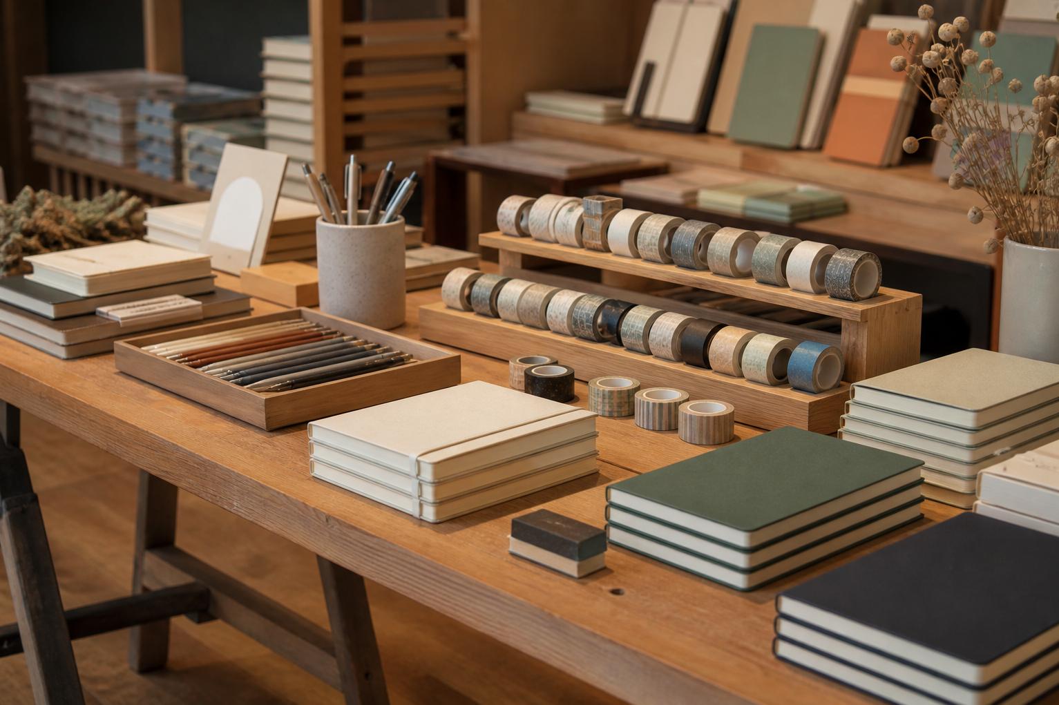 Wooden display table with notebooks, washi tape, and pens in soft daylight