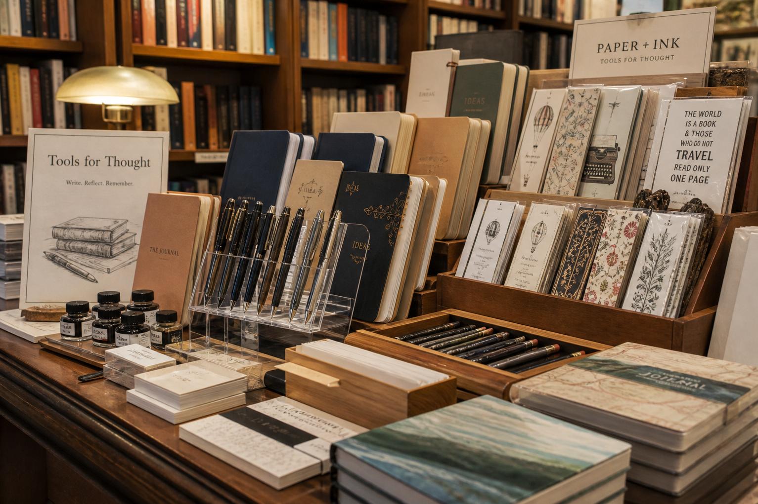 Pens, ink bottles, and notebooks on a wooden table with bookshelves behind