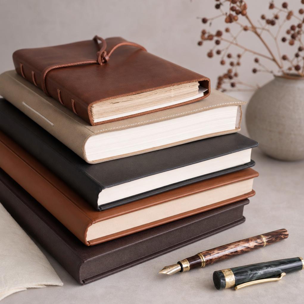 Stack of leather and cloth journals with two fountain pens