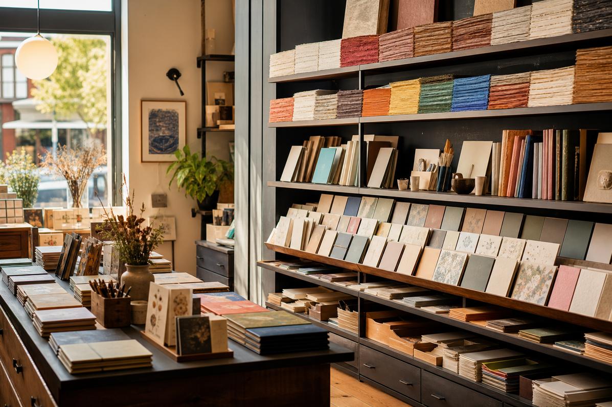 Shop interior with paper stacks on tall shelves and a display table